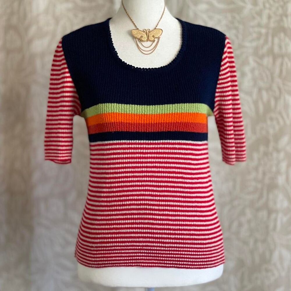 Vintage 70s Naulover Spain Ribbed Knit Colorblock Shirt Mod Striped Top Size M